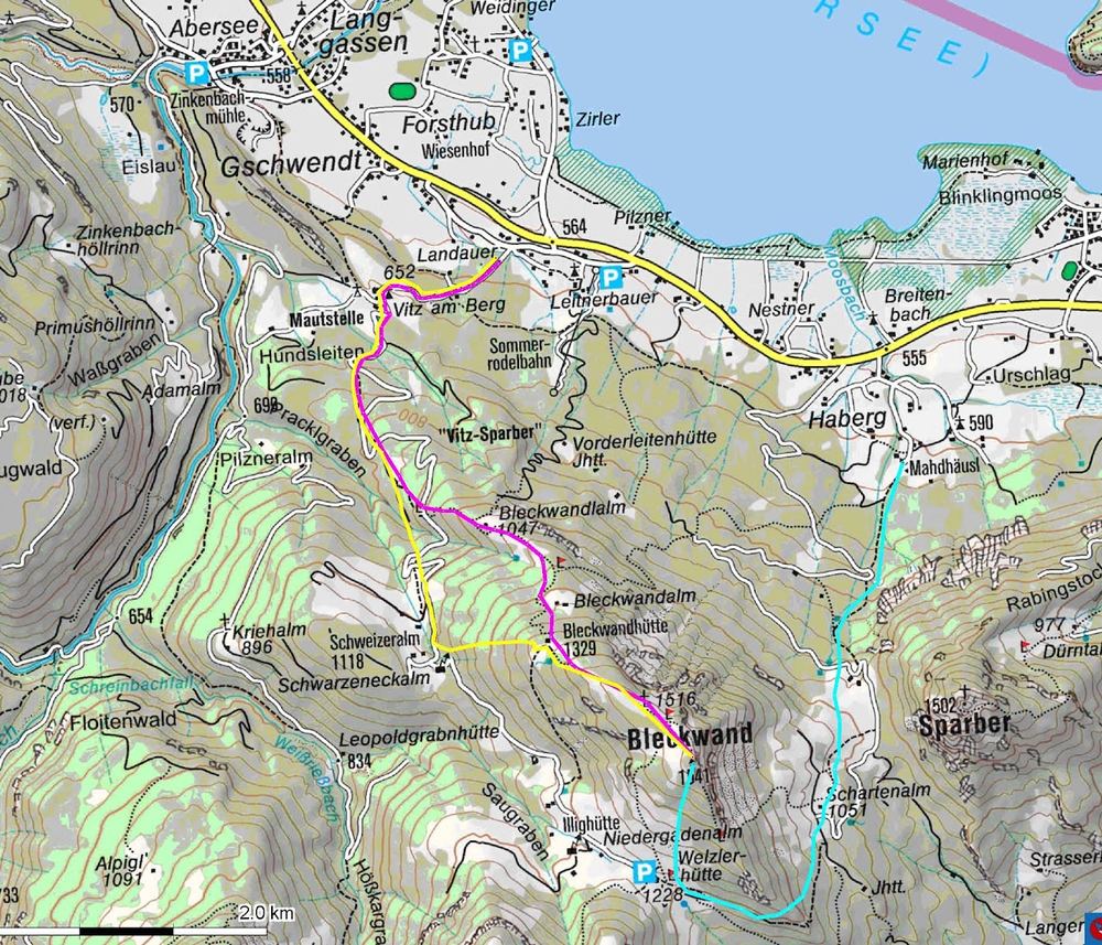 Abfahrts-Varianten an der Bleckwand: Abfahrt 1 (violett), Abfahrt 2 (gelb), Abfahrt 4 (türkis)