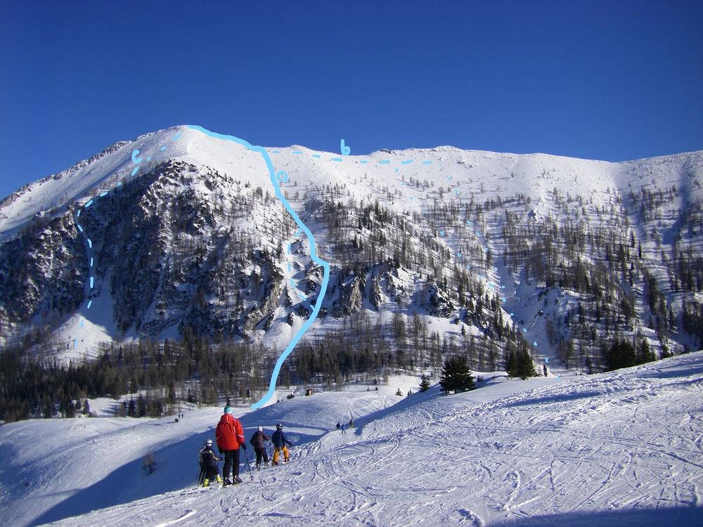 Der Braunedelkogel mit den eingezeichneten Abfahrtsvarianten. Variante c ist nur mit ortskundigem Bergführer zu empfehlen.