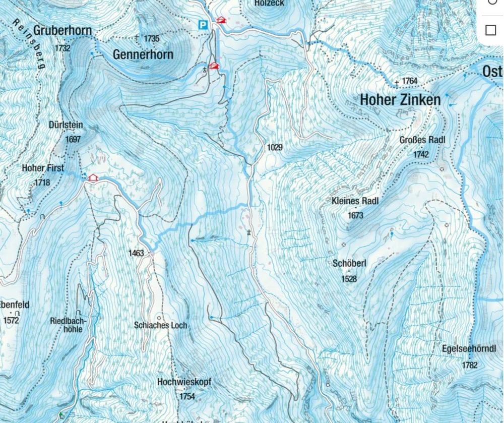 Übersichtskarte: Hochwieskopf, Hoher Zinken und Gennerhorn mit den Erhebungen Großes und Kleines Radl