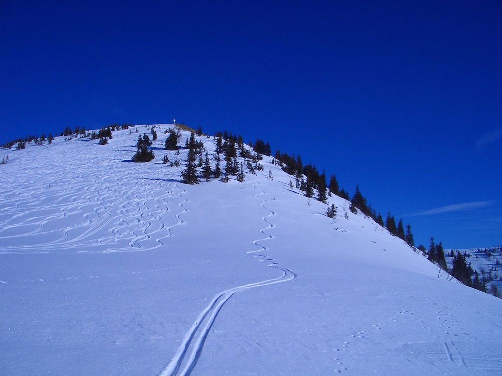 Der breite Gipfelhang mit dem Kreuz oben. Hier gibt es herrliche Tiefschnee- und Firnabfahrten.