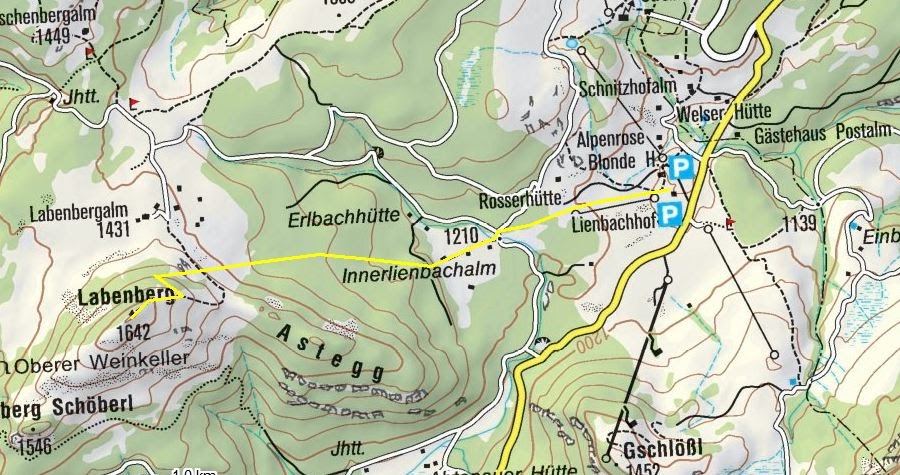 Der Aufstiegsweg vom Parkplatz beim Lienbachhof über die Innerlienbachalm zum Labenberg.