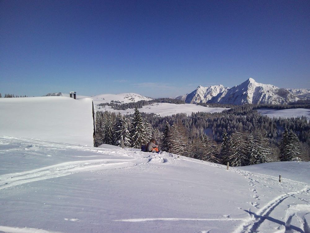 Rast an der Pitscherbergalm auf 1449 m. Im Winter ist sie nicht bewirtschaftet.