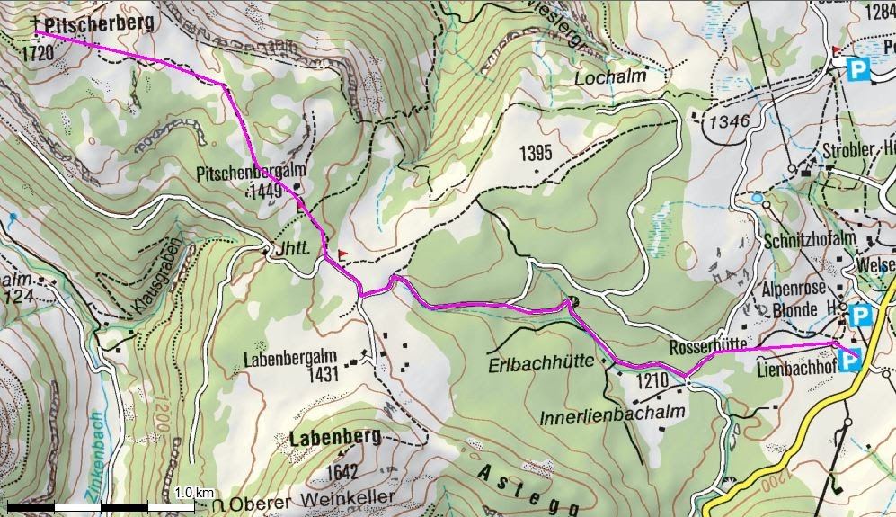 Der Aufstiegsweg vom Parkplatz beim Lienbachhof über die Pitscherbergalm zum Gipfel.