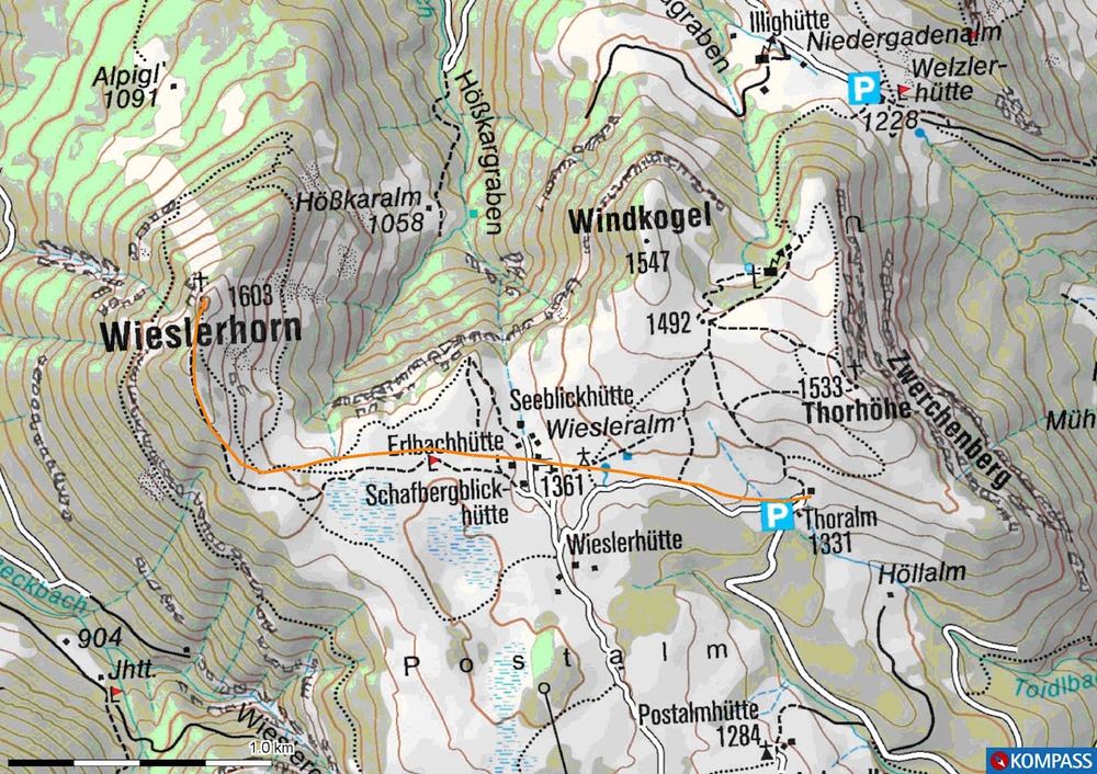 Karte: Erweiterung der Tour zum Wieslerhorn — von der Thoralm (Parkplatz 4) nach Westen, orange eingezeichnet