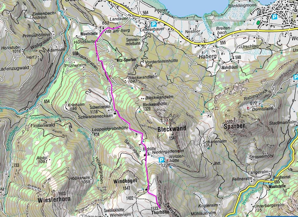 Karte Abfahrt 2: von der Thorhöhe über Illighütte und Niedergadenalm nach Gschwendt, 5,3 km
