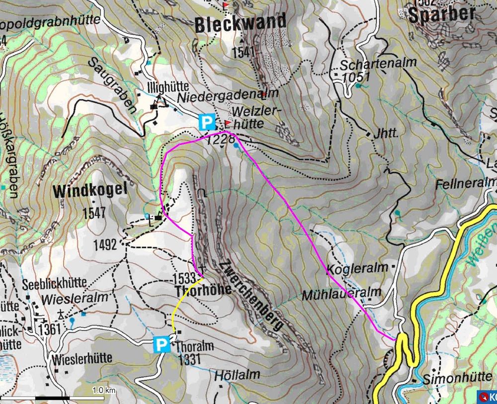 Karte: Abfahrt 1a zurück zur Thoralm (gelb) und Abfahrt 3 über die Niedergadenalm ins Weißenbachtal zur Simonhütte (magenta)