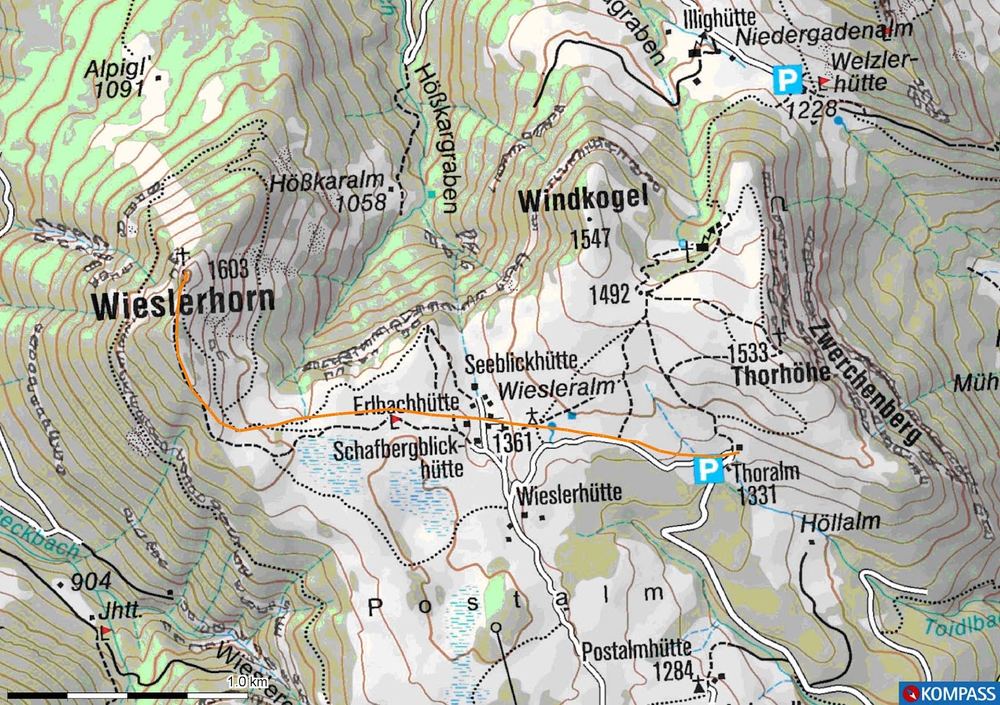 Karte: Aufstieg von der Thoralmhütte (Parkplatz 4) nach Westen über die Wiesleralm zum Wieslerhorn, orange eingezeichnet