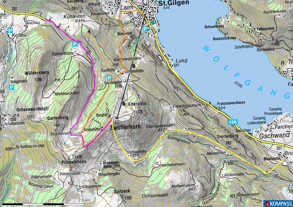 Karte Abfahrten 1, 2 und 3: Abfahrt 1 nach St. Gilgen (orange), Abfahrt 2 über die Stubneralm nach Tiefbrunnau (magenta), Abfahrt 3 als Südabfahrt nach Abersee (gelb)