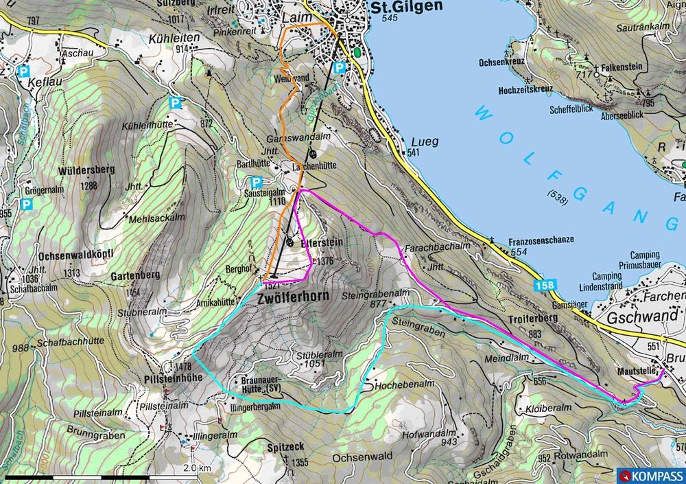 Karte Abfahrten 4, 5 und 6: Abfahrt 4 über den Pillsteinsattel nach Abersee (türkis), Abfahrt 5 über die Nordflanke nach St. Gilgen (orange), Abfahrt 6 über den Elferstein (magenta)